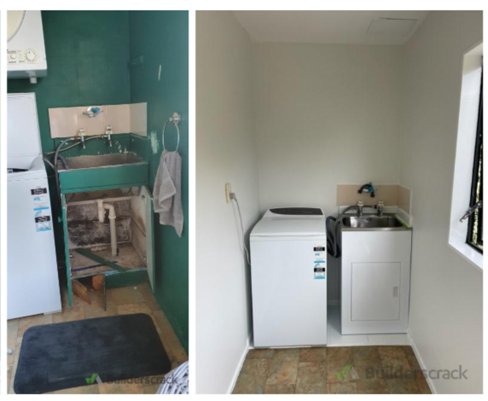 Before and after of a water-damaged laundry repaired, lined and repainted by Maintenance Services